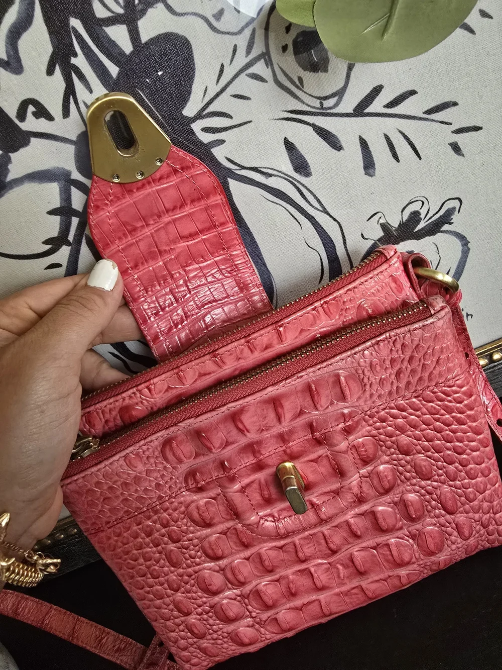 Brahmin Croc-Embossed Coral Pink Crossbody with Gold Hardware